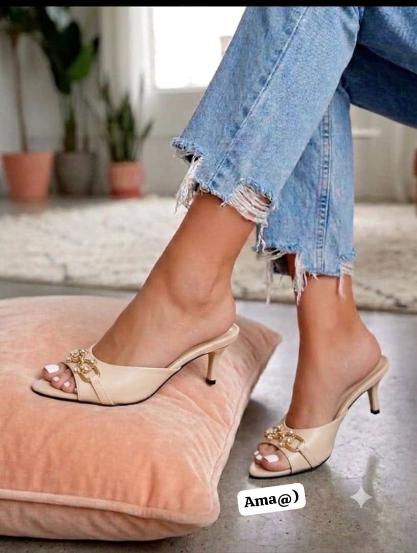Women's Embellished Open-Toe Kitten Heel Mules with Gold Accent - Image 2