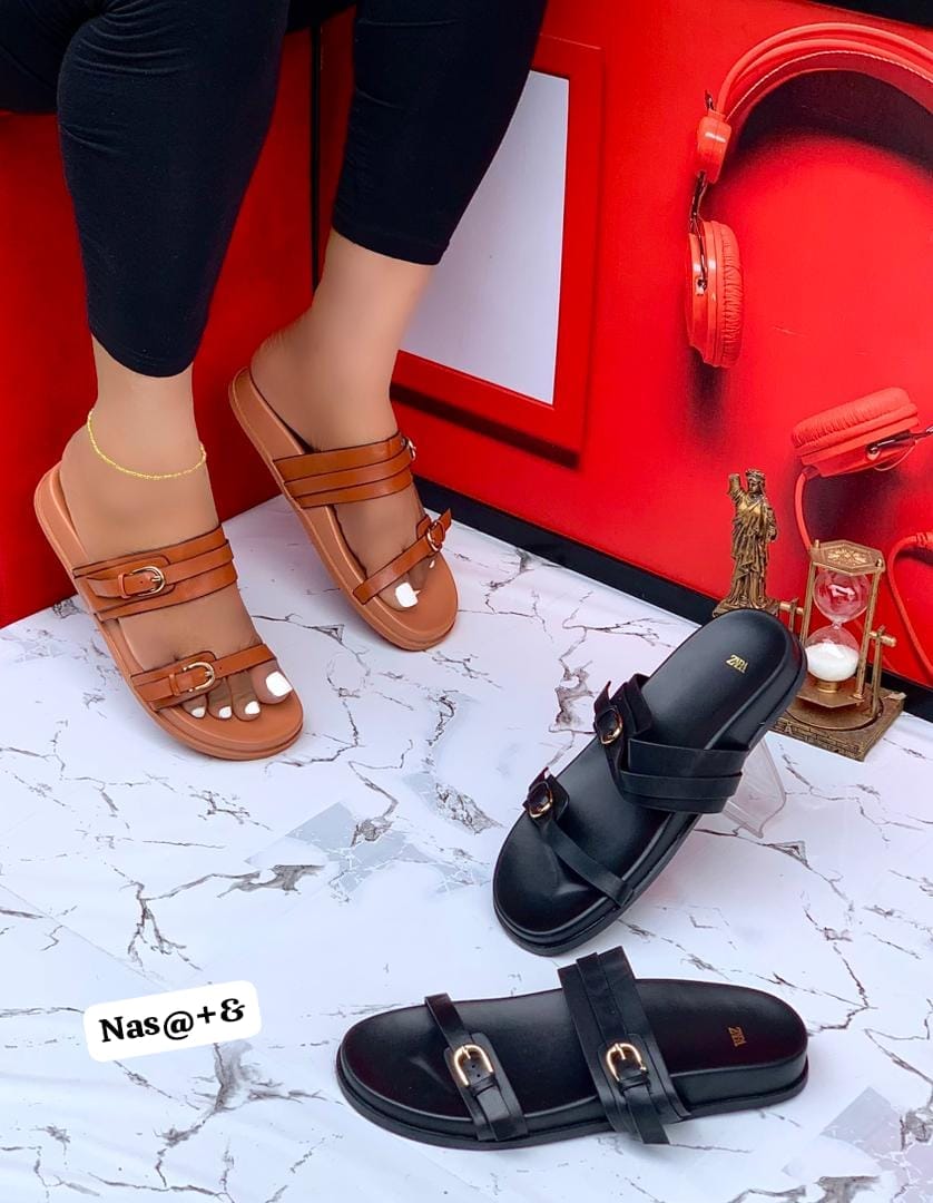 Women's Multi-Strap Flat Slide Sandals with Toe Ring