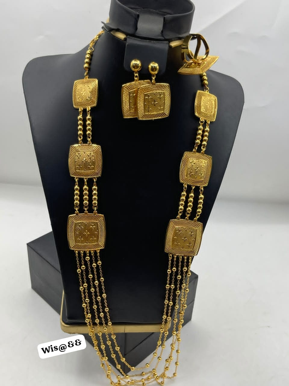 Women's Textured Square Link and Cascading Bead Statement Necklace Set