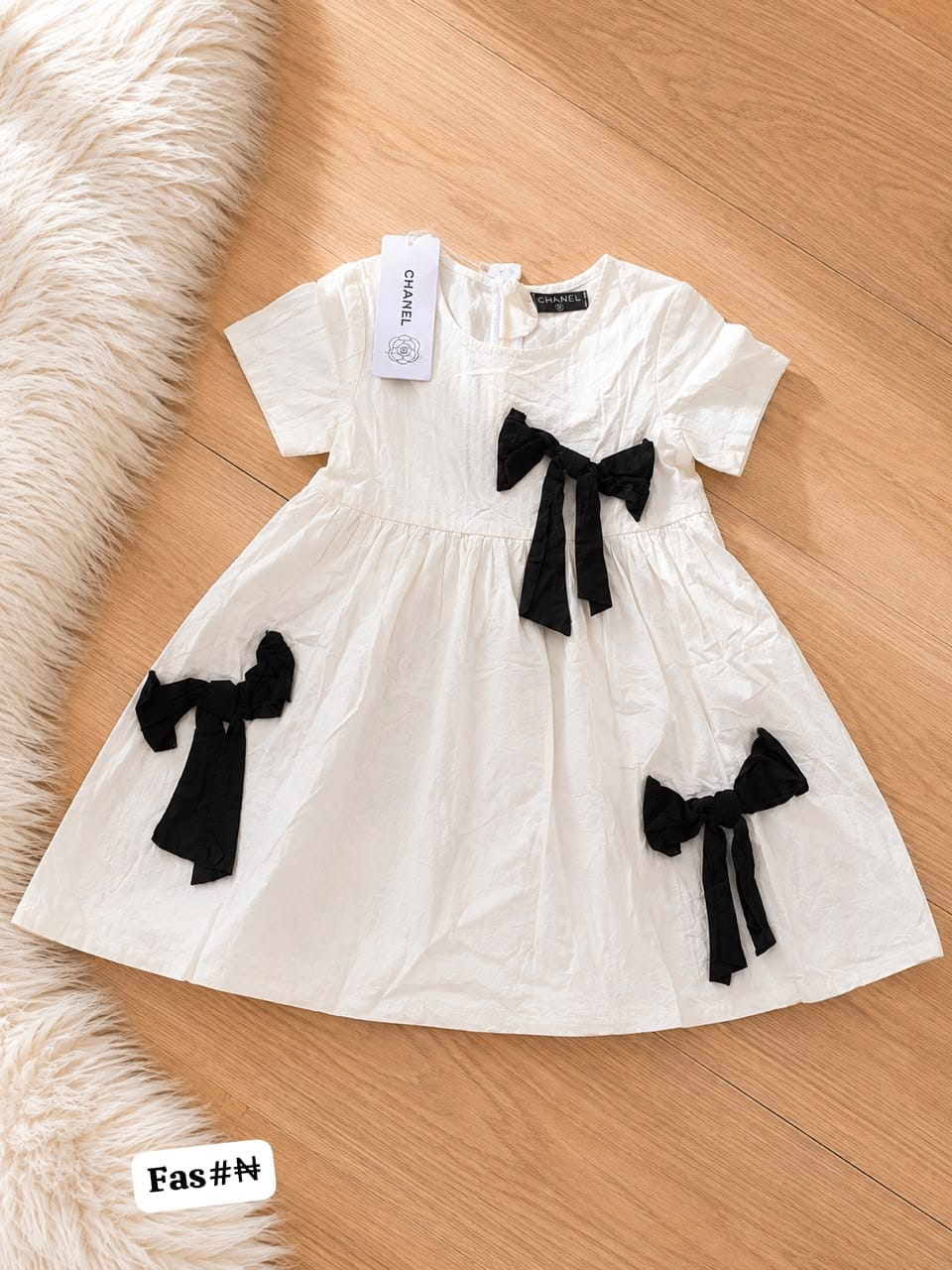Girls' Short-Sleeve White Dress with Black Bow Accents