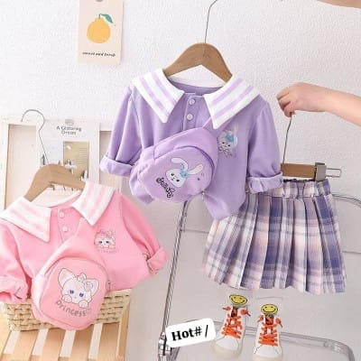 Girls' Two-Piece Sailor Collar Top & Plaid Skirt