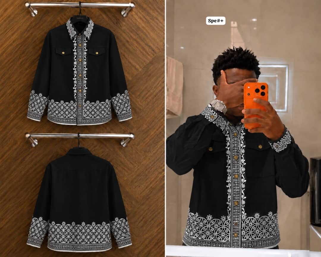 Men's Geometric Laser-Embroidered Long-Sleeve Button-Up Shirt