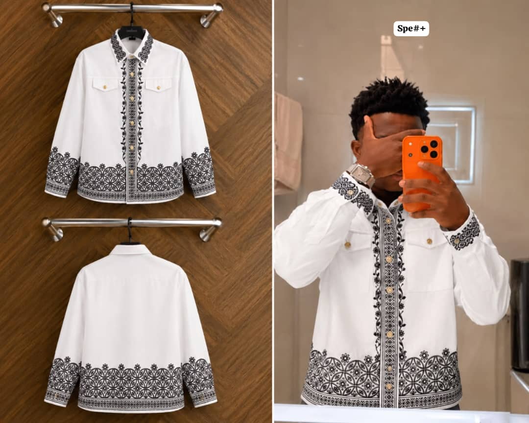 Men's Geometric Laser-Embroidered Long-Sleeve Button-Up Shirt - Image 3
