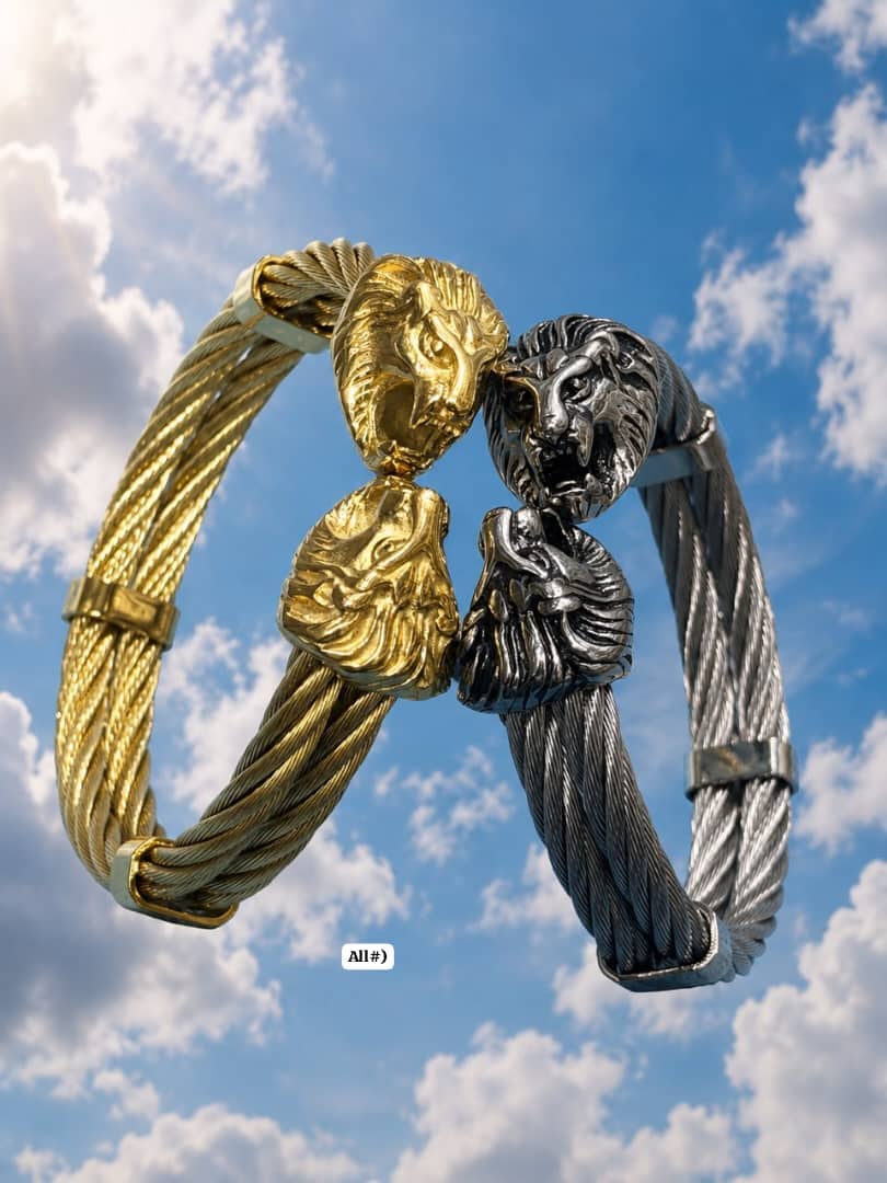 Men's Bold Lion Head Wire Cable Statement Cuff Bracelet