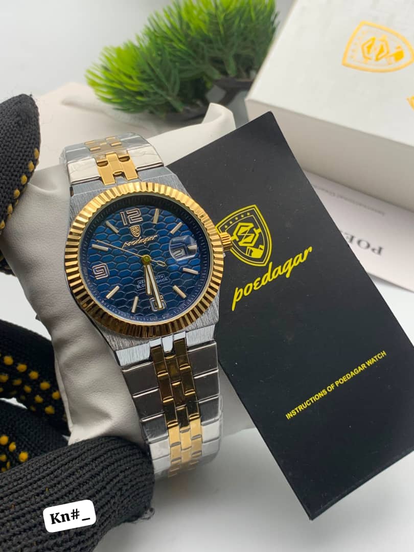 POEDAGAR Men's Two-Tone Fluted Bezel Quartz Watch with Stainless Steel Band - Image 3