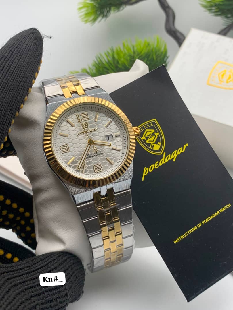 POEDAGAR Men's Two-Tone Fluted Bezel Quartz Watch with Stainless Steel Band