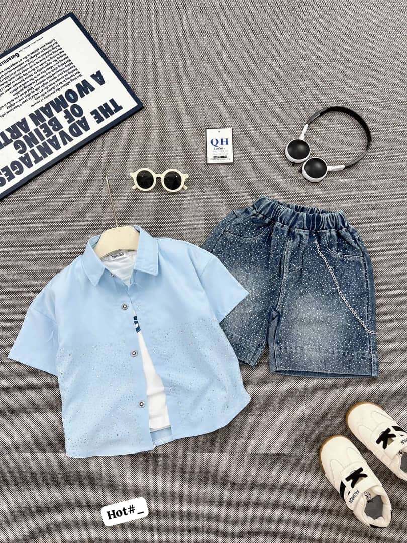 Kids' Sparkle Striped Button-Down Shirt & Rhinestone Denim Shorts Set