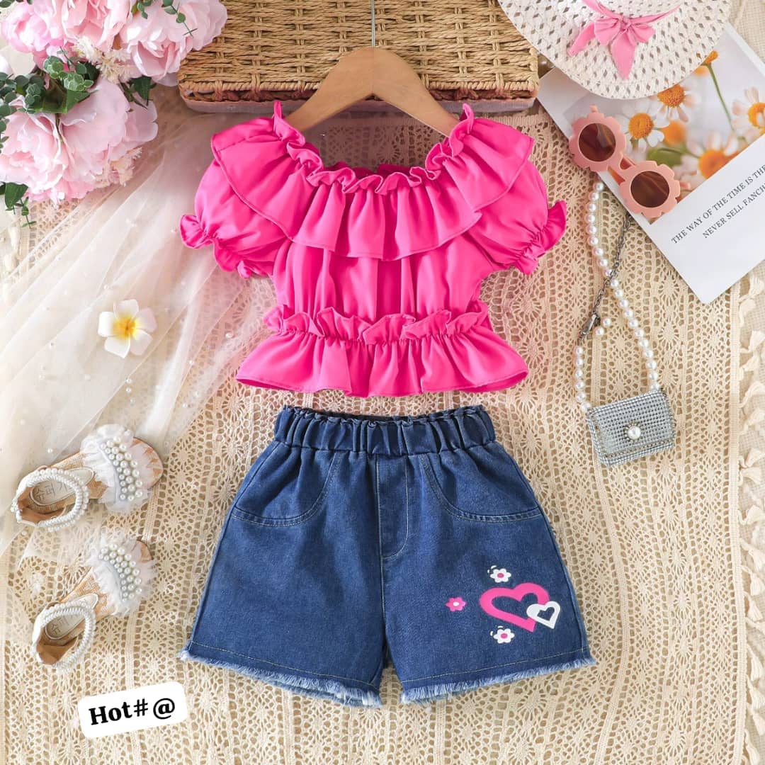 Girls' Hot Pink Ruffle Crop Top & Denim Heart-Print Shorts Set