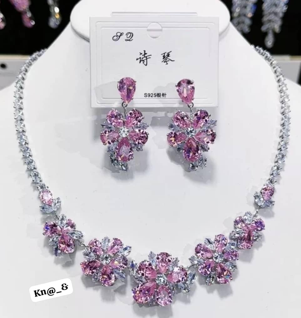 Women's Pink Crystal Floral Cluster Necklace and Earring Set