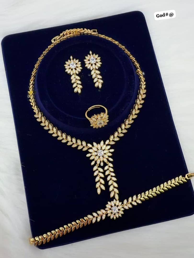Radiant Gold-Plated Leaf CZ Crystal Bridal Jewelry Set