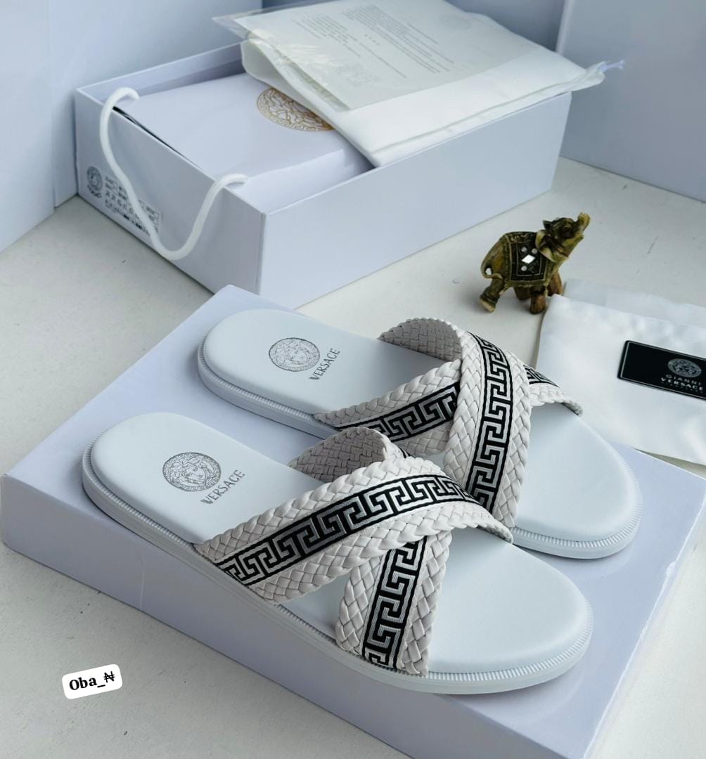 Men's Designer-Inspired Cross-Strap Slide Sandals with Greek Key Trim