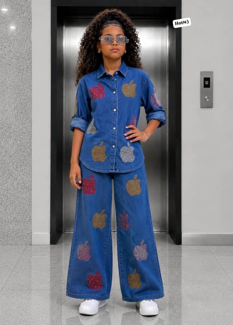 Kids' Sequin Apple Denim Long-Sleeve Shirt & Wide-Leg Pants 2-Piece Outfit Set