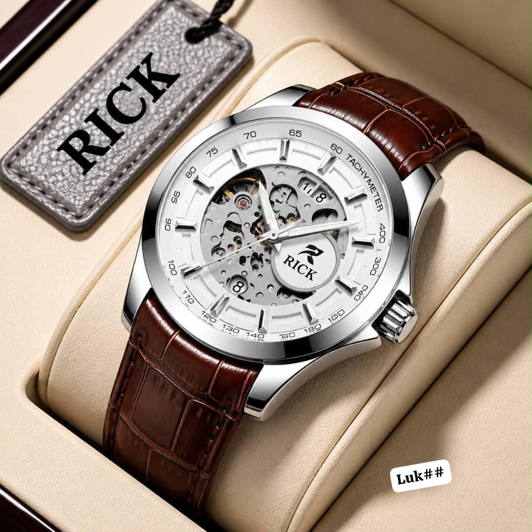 RICK Men's Skeleton Automatic Tachymeter Leather Watch - Image 2