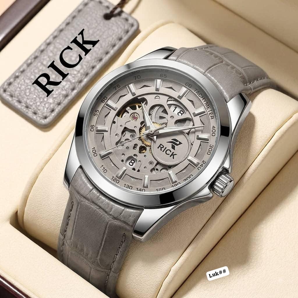 RICK Men's Skeleton Automatic Tachymeter Leather Watch