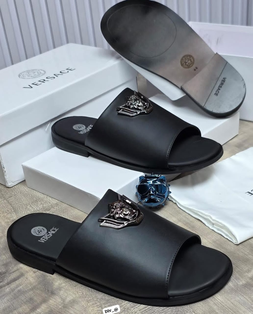 Versace-Inspired Men's Black Leather Slide Sandals