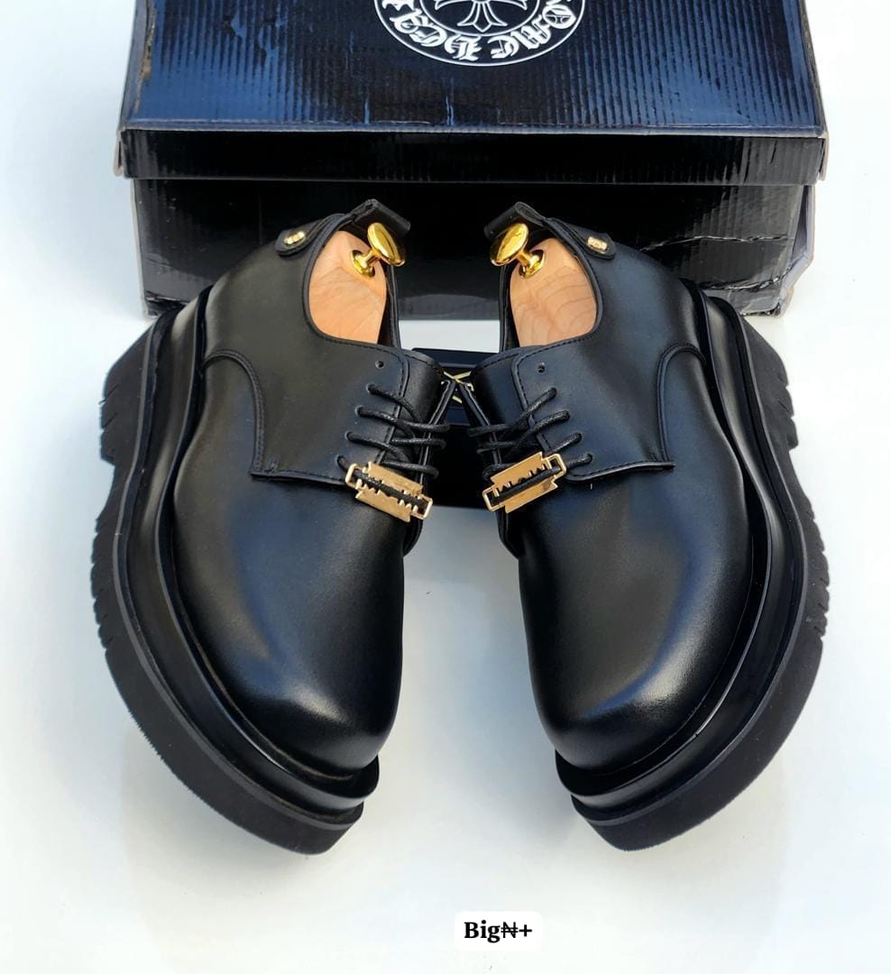 Chrome Hearts-Inspired Black Leather Lug-Sole Derby Shoes