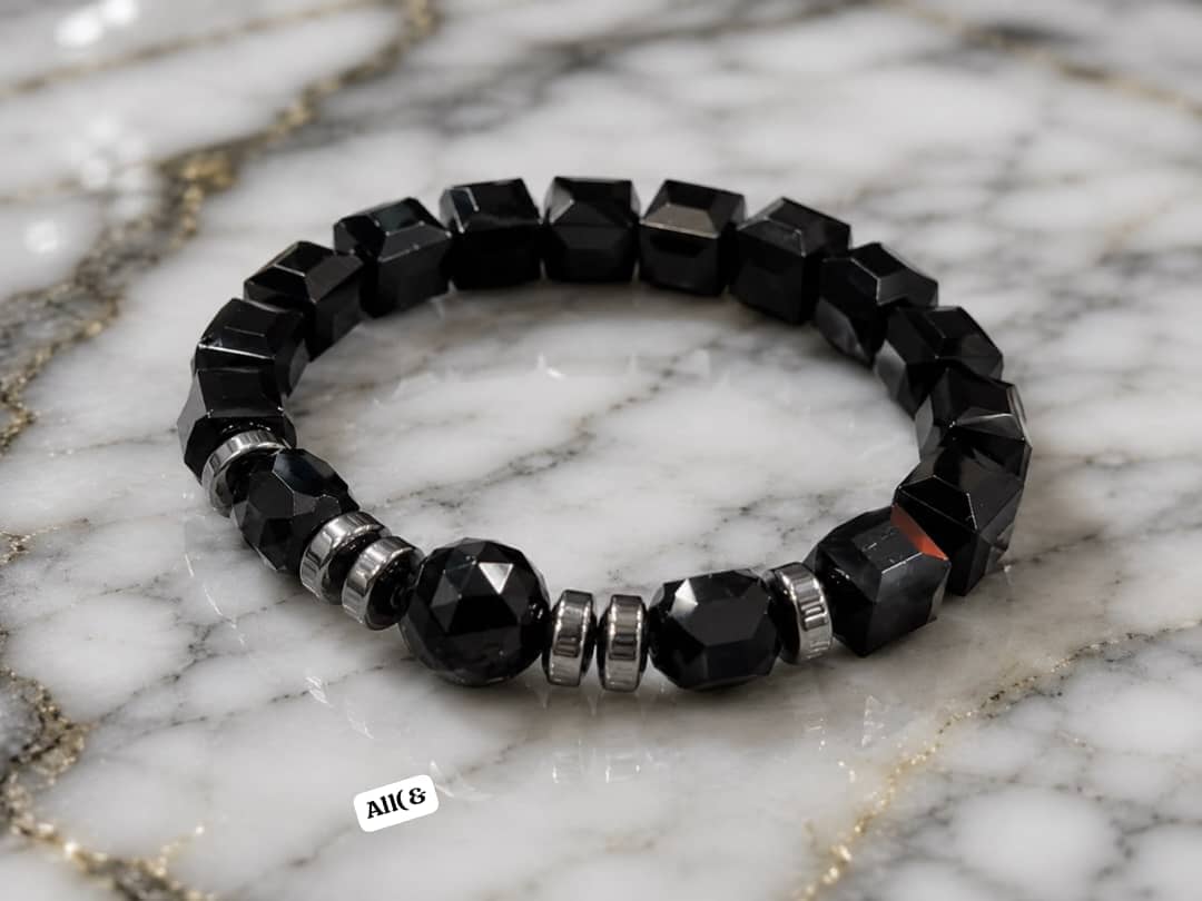 Men's Black Faceted Bead and Silver Spacer Stretch Bracelet