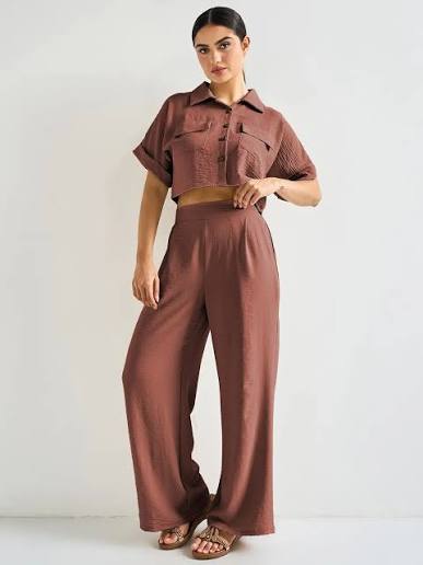 Cropped Utility Shirt & High-Waisted Wide-Leg Trousers Set