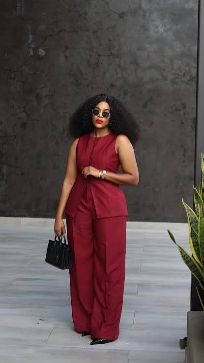 Burgundy Sleeveless Vest & Wide-Leg Trousers