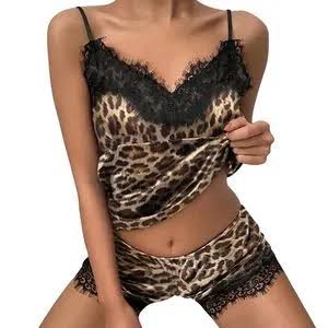 Printed & Solid Satin Lace Chemise Pajama Set