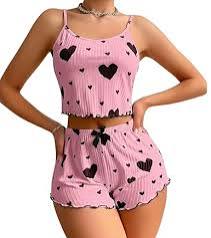 Playful Floral & Heart Print Ribbed Cami Pajamas