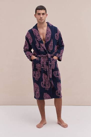 Ribbed Knit Bathrobe with Lapel Trim