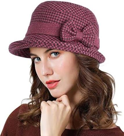 Plum Houndstooth Knit Bucket Hat with Matching Side Bow