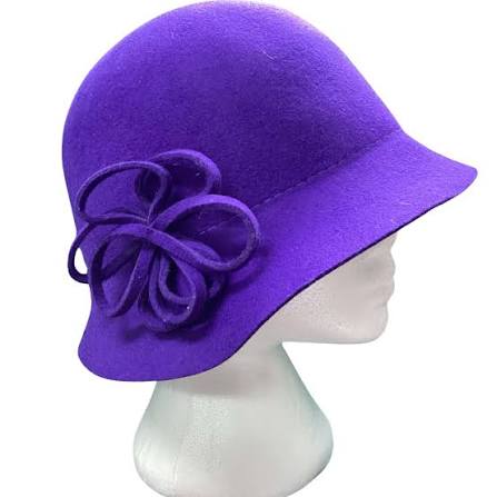 Purple Wool Felt Cloche Hat with Loop Flower Trim