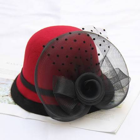 Crimson Red Wool Felt Cloche Hat with Black Veil