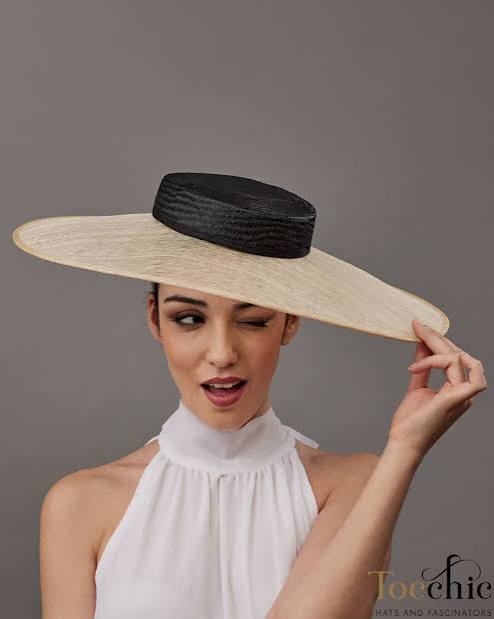 Two-Tone Cream & Black Crown Flat Wide-Brim Sinamay Boater Hat