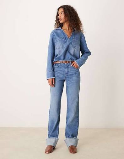 Retro V-Neck Pullover Denim Tunic & Cuffed Wide-Leg Jeans