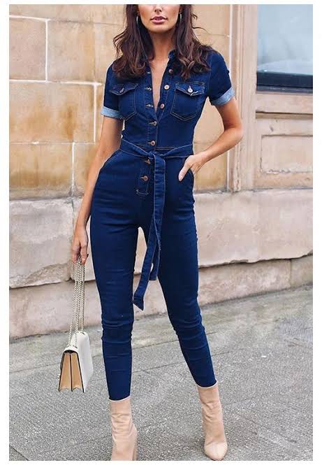 Short-Sleeve Button-Front Belted Denim Boiler Suit