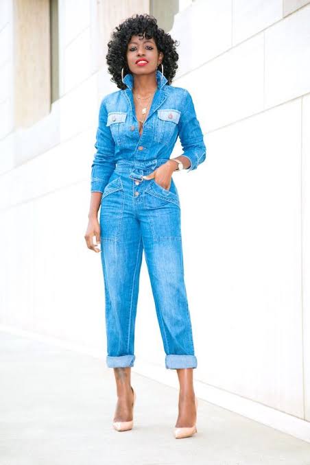Point-Collar Short-Sleeve Denim Jumpsuit