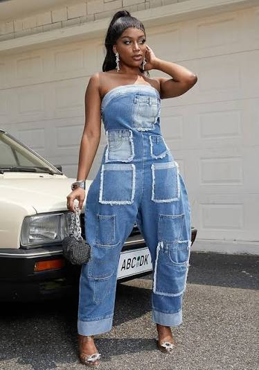 Strapless Multi-Pocket Patchwork Denim Jumpsuit