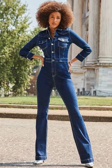 Long-Sleeve Button-Down Bootcut Denim Jumpsuit