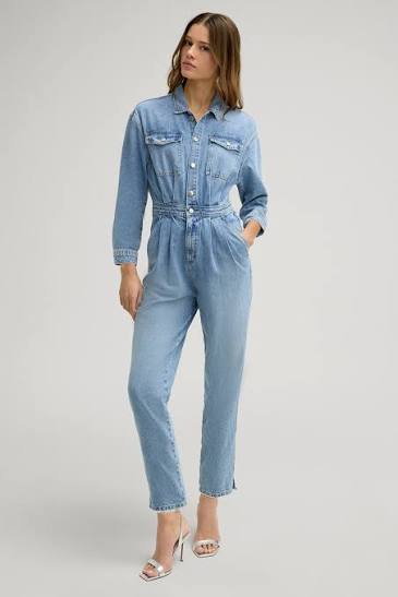Women's Light Wash Elastic Waist Denim Jumpsuit