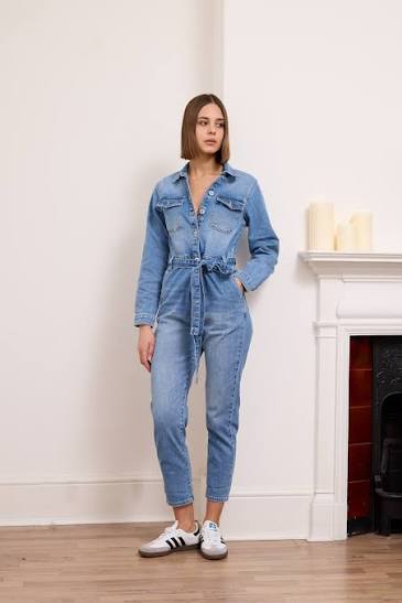 Classic Long Sleeve Utility Denim Jumpsuit with Waist Tie