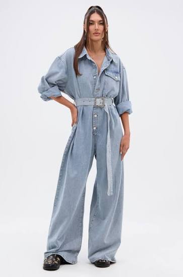 Oversized Belted Wide Leg Utility Denim Jumpsuit