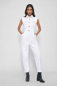 Sleeveless Collared White Denim Jumpsuit