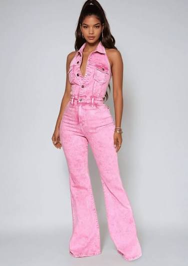 Pink Acid-Wash Halter Neck Flare Denim Jumpsuit
