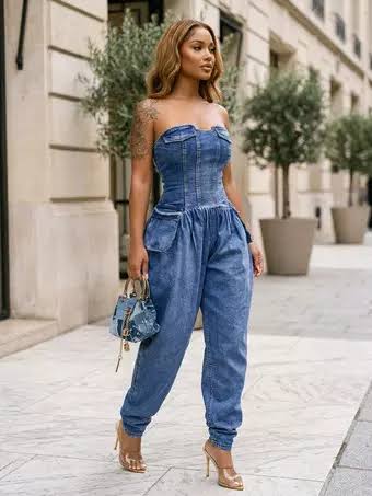 Strapless Bustier Cargo Denim Jumpsuit