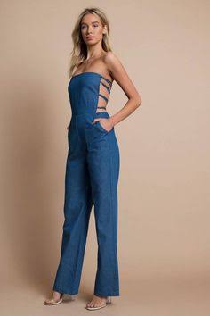 Strapless Cutout Side Strappy Denim Jumpsuit
