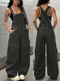 Dark Grey Utility Cargo Denim Overalls