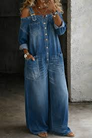 Cold-Shoulder Button-Front Off-Shoulder Denim Jumpsuit