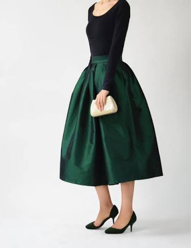 Emerald Green Taffeta Pleated Midi Skirt