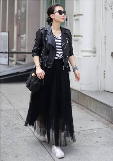 Black Tulle Pleated Maxi Skirt