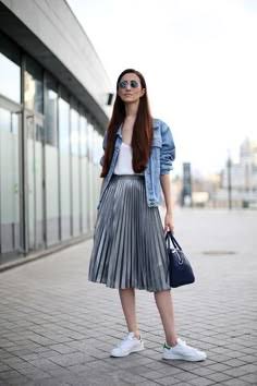 Silver Pleated Statement Midi Skirt