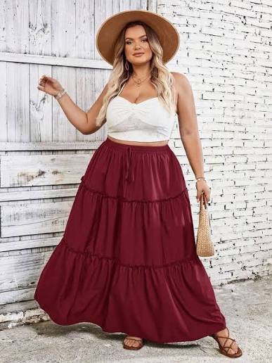 Burgundy Red Tiered Drawstring Maxi Skirt