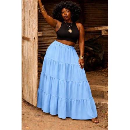 Sky Blue Tiered Boho Maxi Skirt