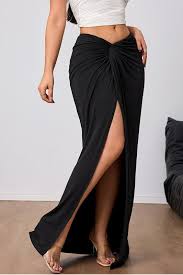 Black Twisted Waist Front-Split Maxi Skirt